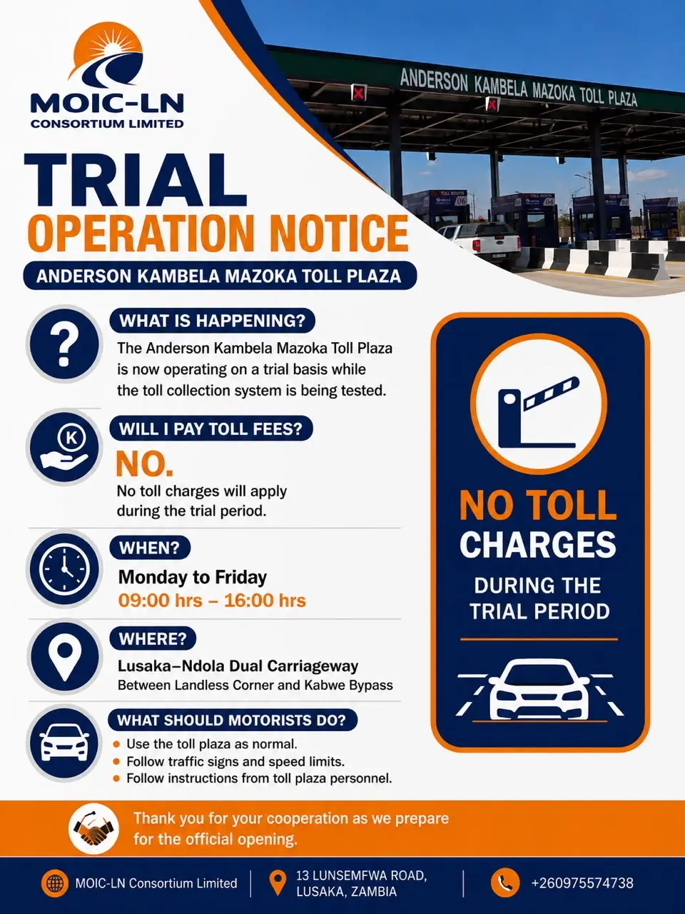 Anderson Kambela Mazoka Toll Plaza trial operation notice